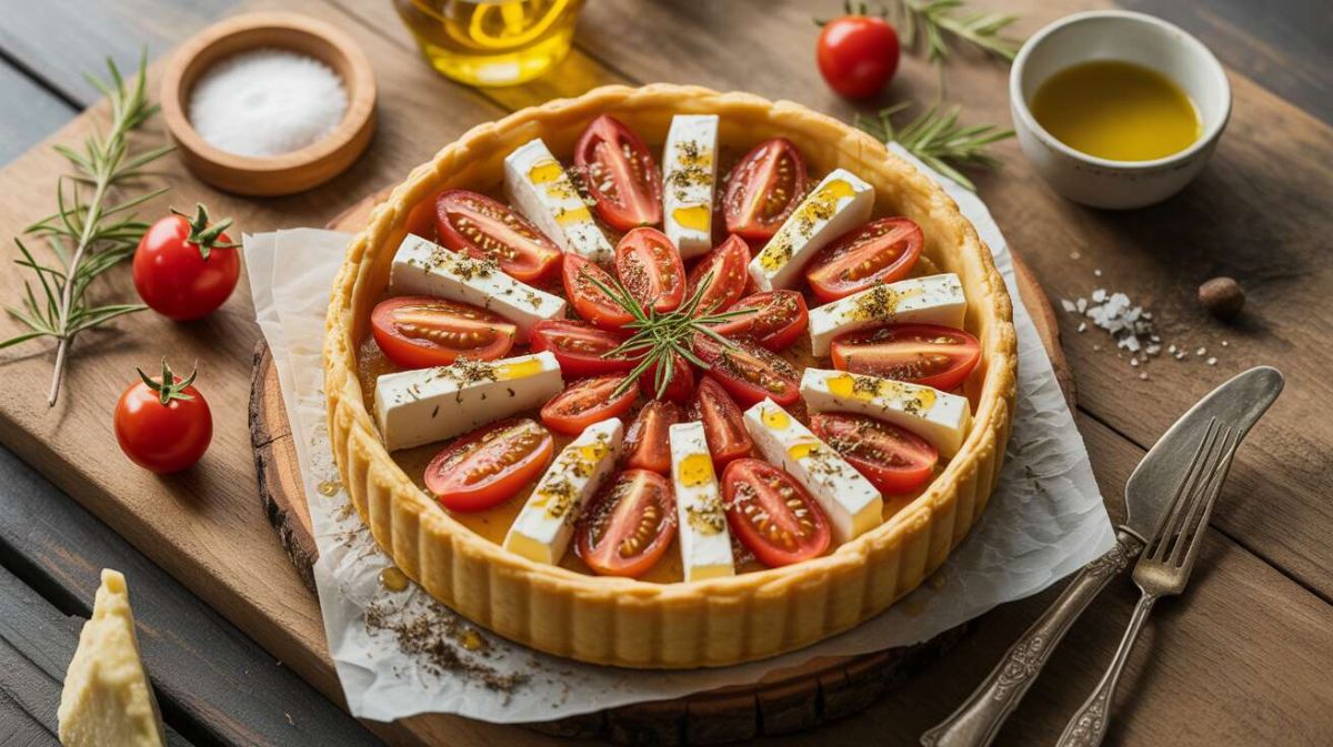 Une tarte de tomates cerises et fromage de brebis qui éveille les papilles