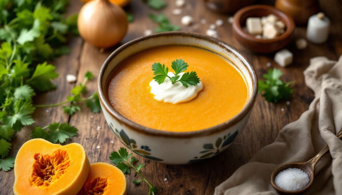 Une délicieuse soupe de courge butternut à la coriandre