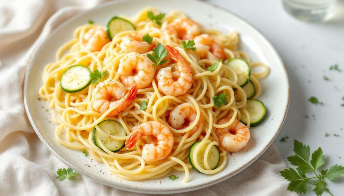 Savoureuse recette de pâtes aux crevettes et courgettes en un clin d'œil