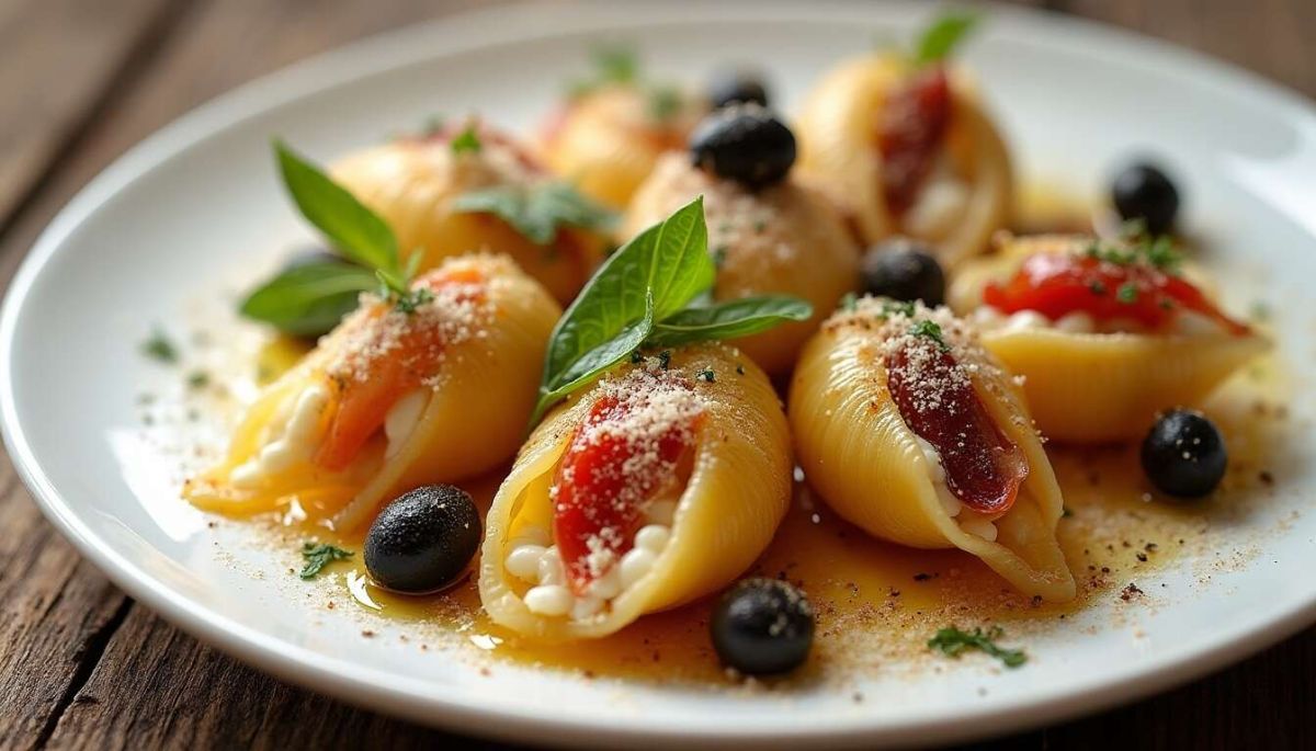 Conchiglioni farcis au chèvre, tomates séchées et olives noires : une expérience culinaire méditerranéenne